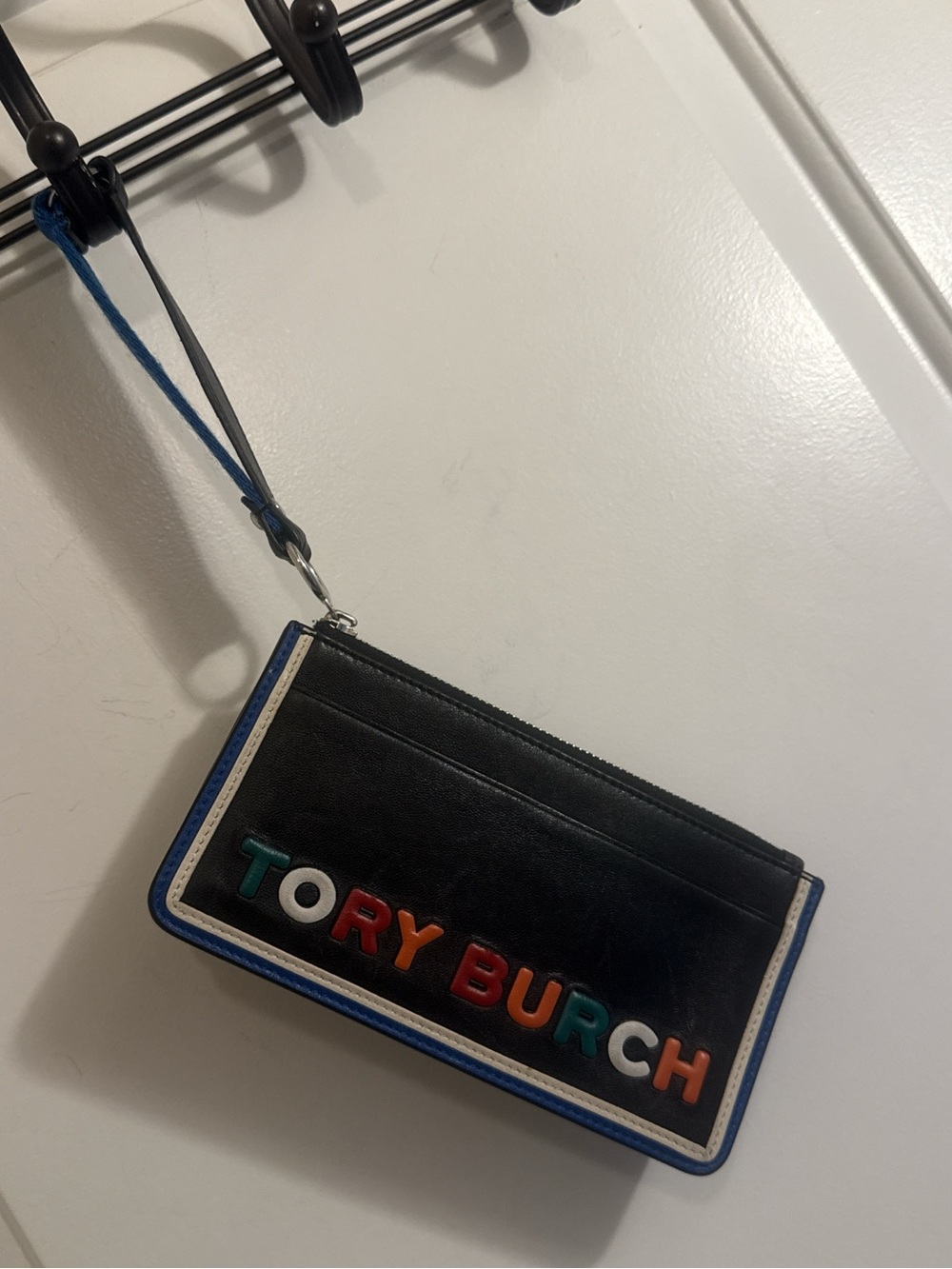 Tory Burch Black Leather Wristlet with Multicolor Logo and Blue Trim